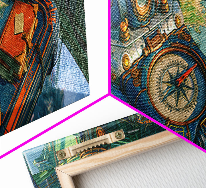 Airship Captain Map and Compass Still Life Framed Canvas Print, Steampunk Art, Digital Art, Living Room Decor, Mechanic, STE-3x1-10