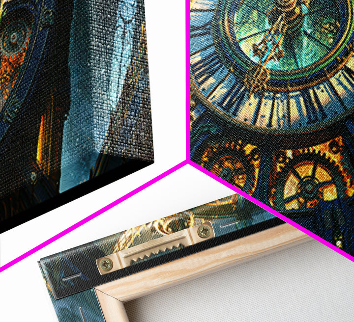 Clock Tower Gears Canvas Print, Steampunk Art, Cat Art, Living Room Decor, Oil Painting, Mechanic, Fine Art Print, STE-3x1-29