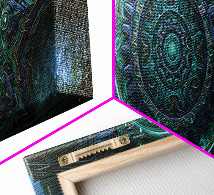 Cogwheel Mandala in Bronze and Teal Framed Canvas Print, Steampunk Art, Abstract Art Print, Living Room Decor, Watercolor Art, STE-3x1-32