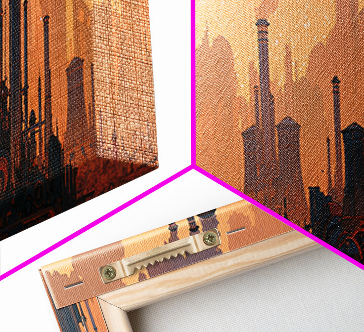 Steam Powered City Skyline Canvas Print, Steampunk Art, Dark Art, Living Room Decor, Abstract Art, Mechanic, Minimalist Decor, STE-3x1-61