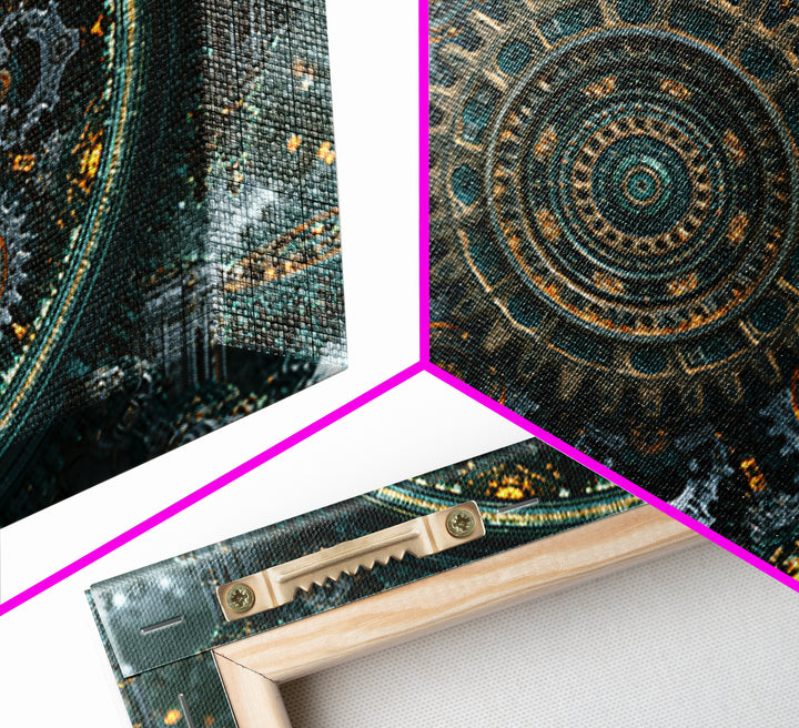 Cogwheel Mandala in Bronze and Teal Framed Canvas Print, Steampunk Art, Gothic Art, Living Room Decor, Fine Art, Mechanic, STE-3x2-20