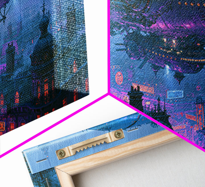 Airship Floating Above Victorian City Roofs Framed Canvas Print, Steampunk Art, Boho Wall Art, Living Room Decor, Mechanic, STE-3x2-6