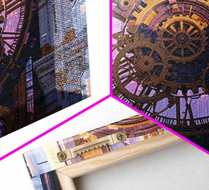 Clock Tower Gears Framed Canvas Print, Steampunk Art, Abstract Art Print, Living Room Decor, Watercolor Art, Mechanic, STE-3x2-65