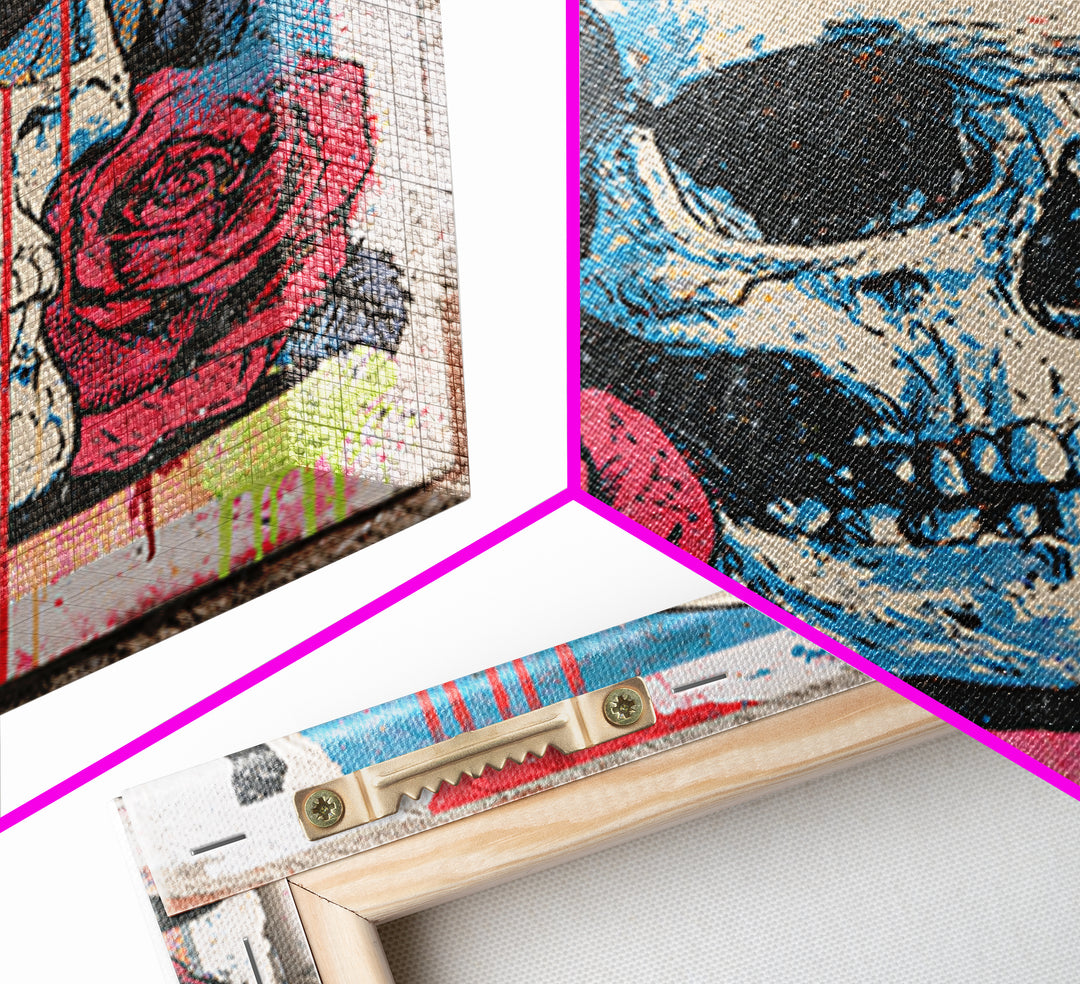 Skull with Roses in Street Mural Style Framed Canvas Print, Street Art, Abstract Painting, Living Room Decor, Fine Art, Urban, STR-1x1-64