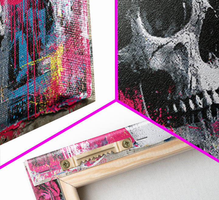 Skull with Roses in Street Mural Style Framed Canvas Print, Street Art, Art Print, Living Room Decor, Fine Art, Urban, STR-2x1-12