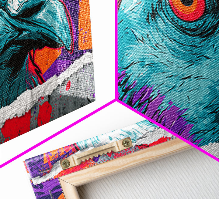 City Pigeon with Attitude and Comic Charm Framed Canvas Print, Street Art, Watercolor Painting, Living Room Decor, STR-2x1-51