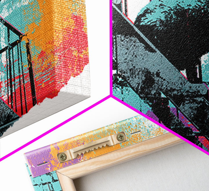 Black Cat on Fire Escape Silhouette Canvas Print, Street Art, Abstract Painting, Living Room Decor, Urban, Gallery Decor, STR-2x1-63