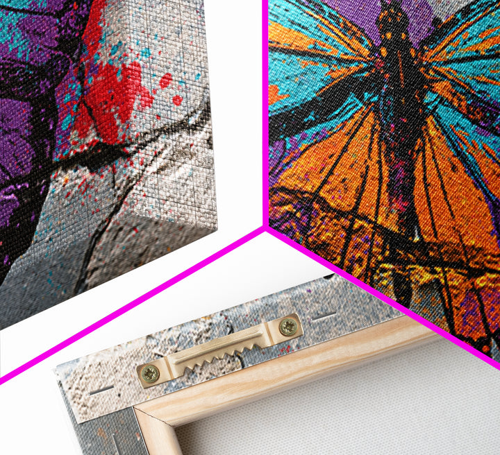 Spray Painted Butterfly on Cracked Concrete Framed Canvas Print, Street Art, Artwork, Living Room Decor, Fine Art, Urban, STR-2x1-91