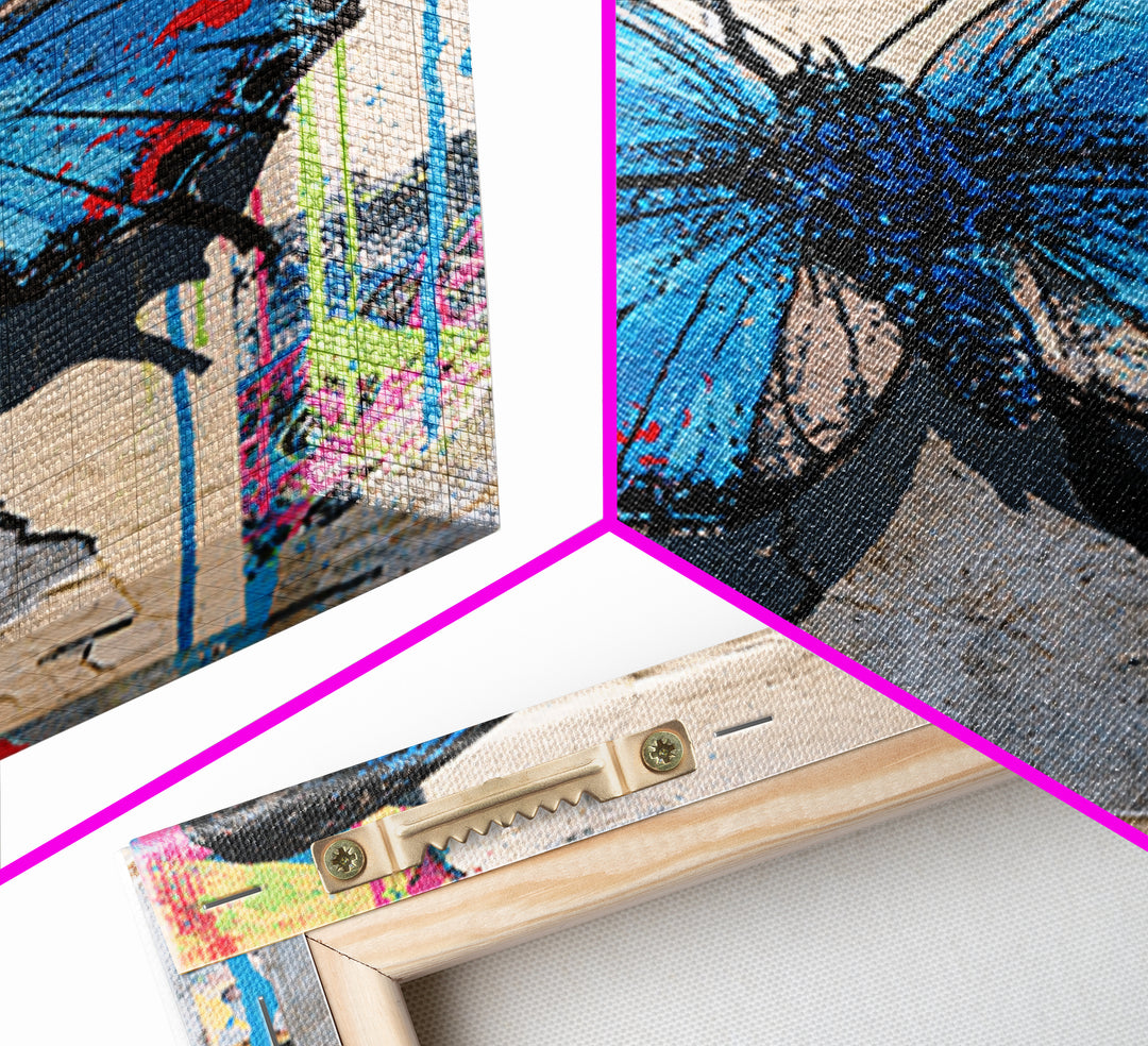 Spray Painted Butterfly on Cracked Concrete Framed Canvas Print, Street Art, Canvas, Living Room Decor, Fine Art, Urban, STR-2x3-55