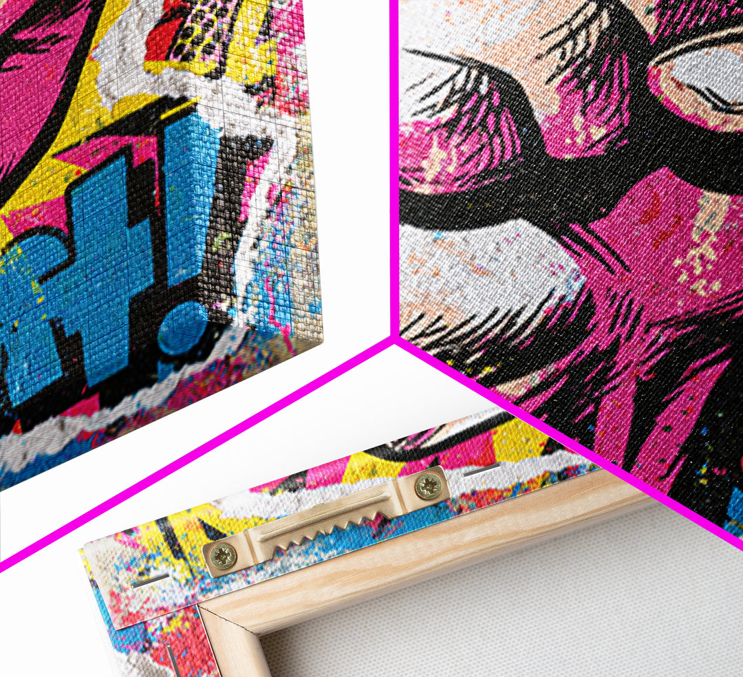 Comic Fist Breaking Through Color Framed Canvas Print, Street Art, Abstract Painting, Living Room Decor, Fine Art, Urban, STR-2x3-69