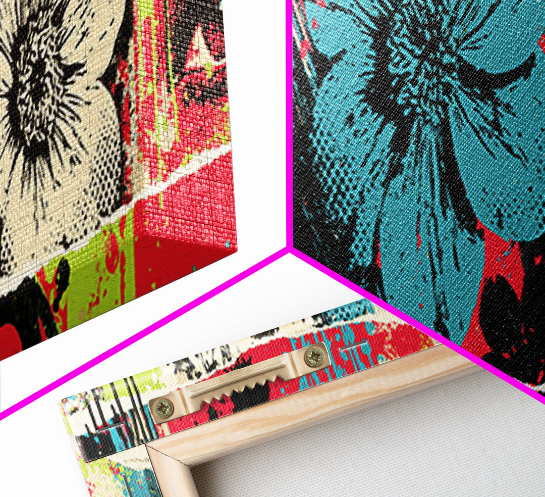 Paste Up Collage of Flowers and Eyes Framed Canvas Print, Street Art, Bar Art, Living Room Decor, Urban, Fine Art Print, STR-3x1-74