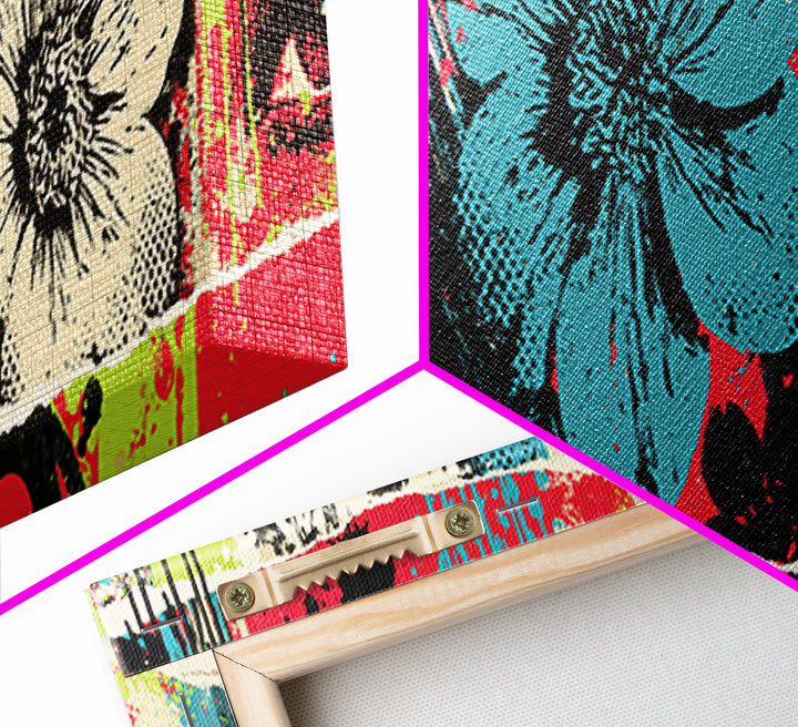 Paste Up Collage of Flowers and Eyes Framed Canvas Print, Street Art, Bar Art, Living Room Decor, Urban, Fine Art Print, STR-3x1-74