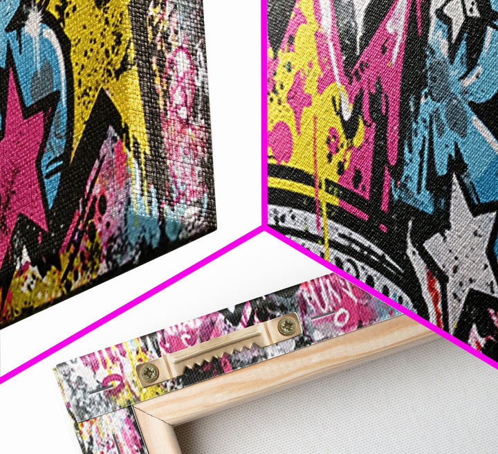 Drippy Crown and Stars Composition Framed Canvas Print, Street Art, Painting, Living Room Decor, Urban, Abstract Painting, STR-3x1-84