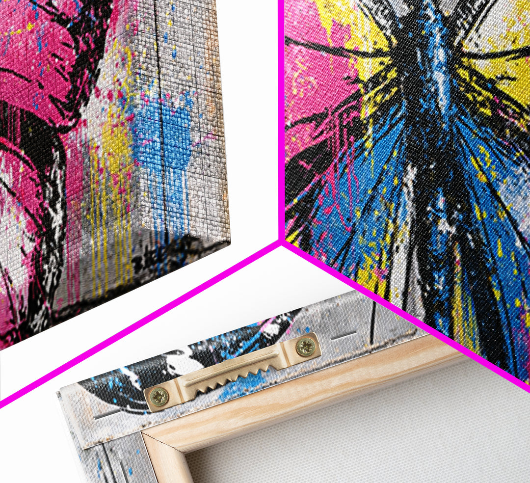 Spray Painted Butterfly on Cracked Concrete Framed Canvas Print, Street Art, Artwork, Living Room Decor, Fine Art, Urban, STR-3x1-87
