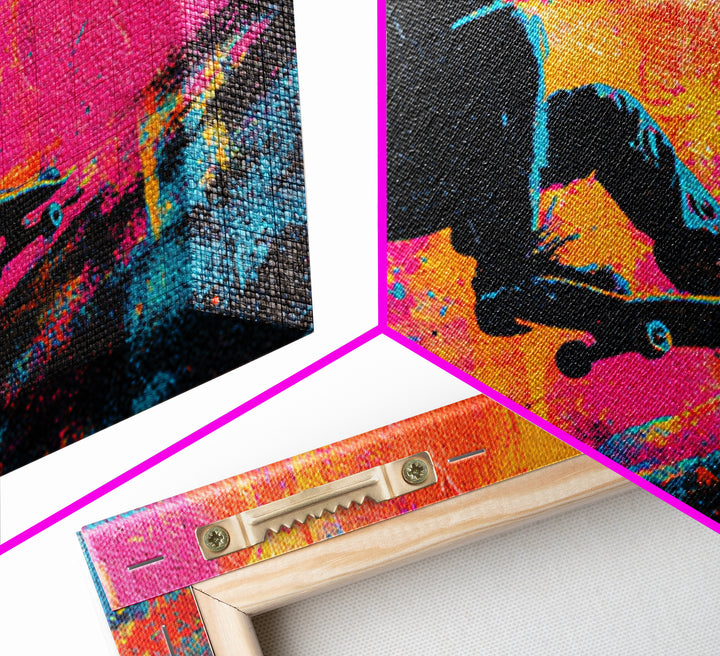 Skateboarder Silhouette over Neon Splashes Framed Canvas Print, Street Art, Original Art, Living Room Decor, Abstract Art, STR-3x2-7