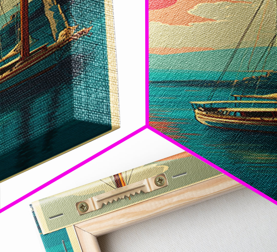 Greek Island Sailboat and Sun Poster Framed Canvas Print, Travel Poster(2), Modern Decor, Living Room Decor, Fine Art, Voyage, TPO-1x3-4