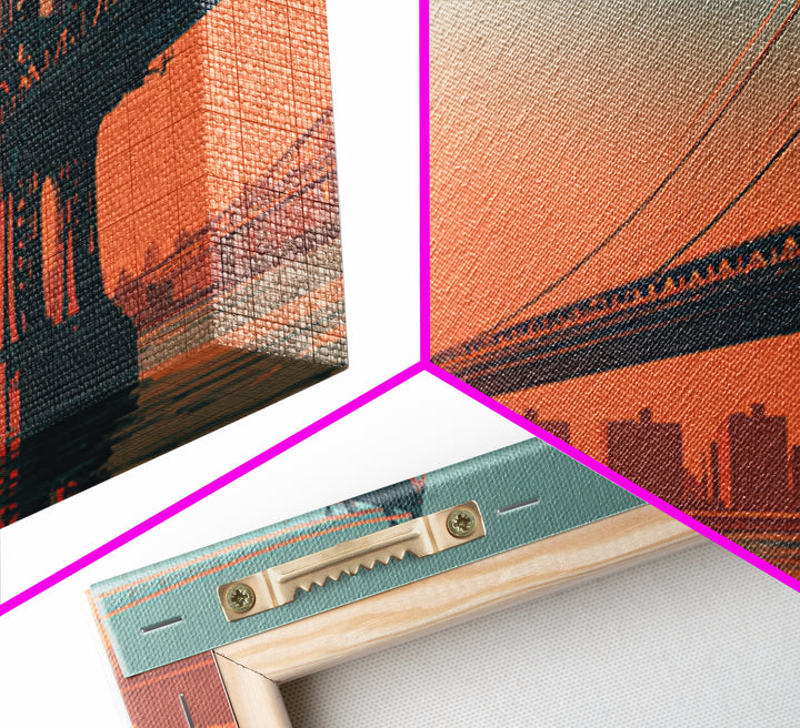 New York Bridge at Sunrise Framed Canvas Print, Travel Poster(2), Minimalist Decor, Living Room Decor, Fine Art, Voyage, TPO-2x1-50