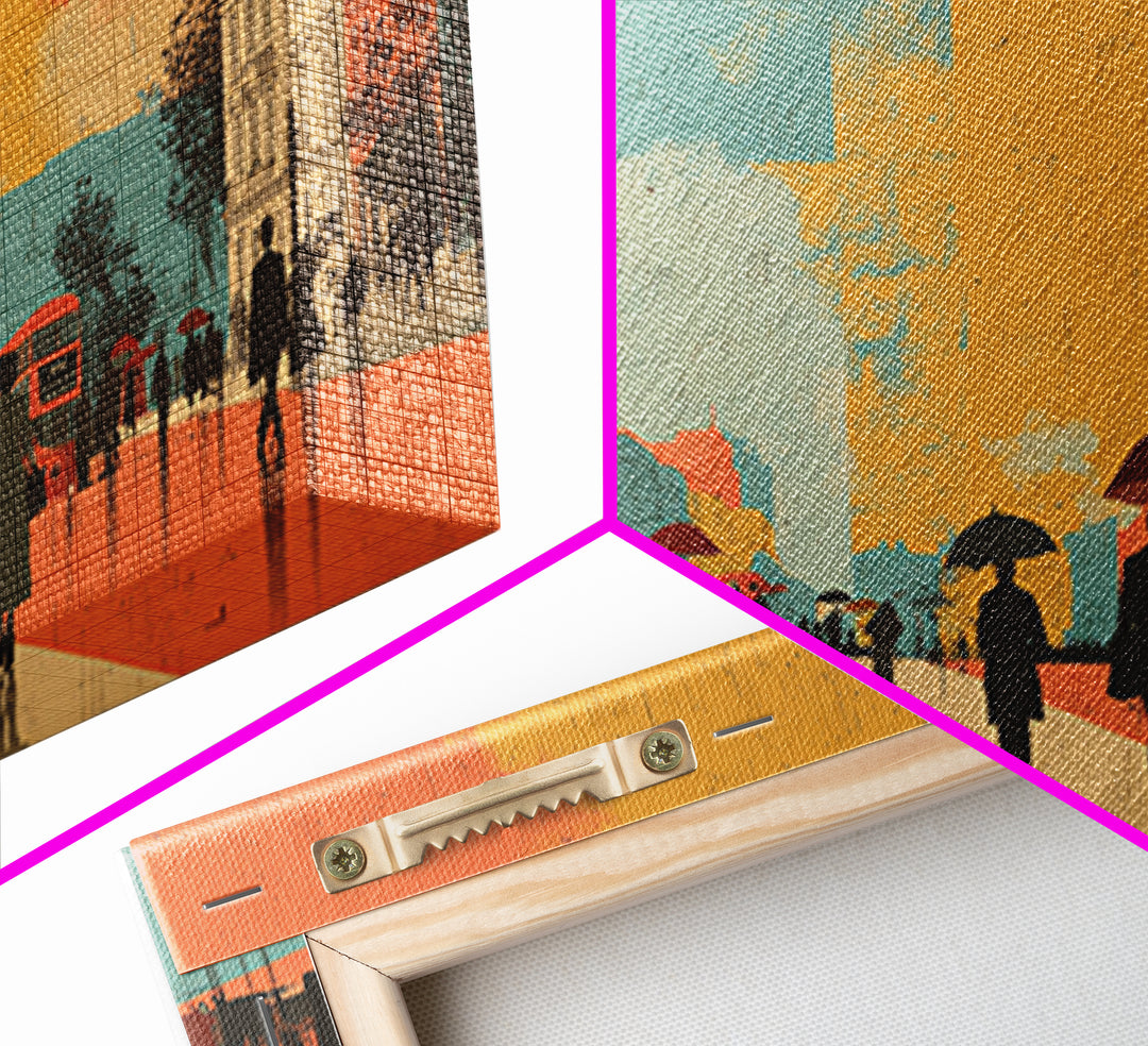 London Rainy Street Umbrella Graphic Canvas Print, Travel Poster(2), Contemporary Art, Living Room Decor, Fine Art, Voyage, TPO-2x1-54