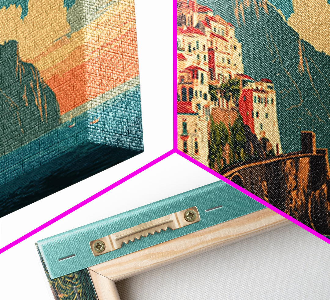 Retro Amalfi Coast Cliffs Framed Canvas Print, Travel Poster(2), Wall Hanging, Living Room Decor, Voyage, Landscape Art, TPO-3x1-18