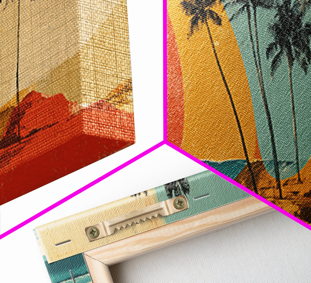 Hawaii Surf and Palm Tree Poster Framed Canvas Print, Travel Poster(2), Gallery Wall Set, Living Room Decor, Fine Art, Voyage, TPO-3x1-73