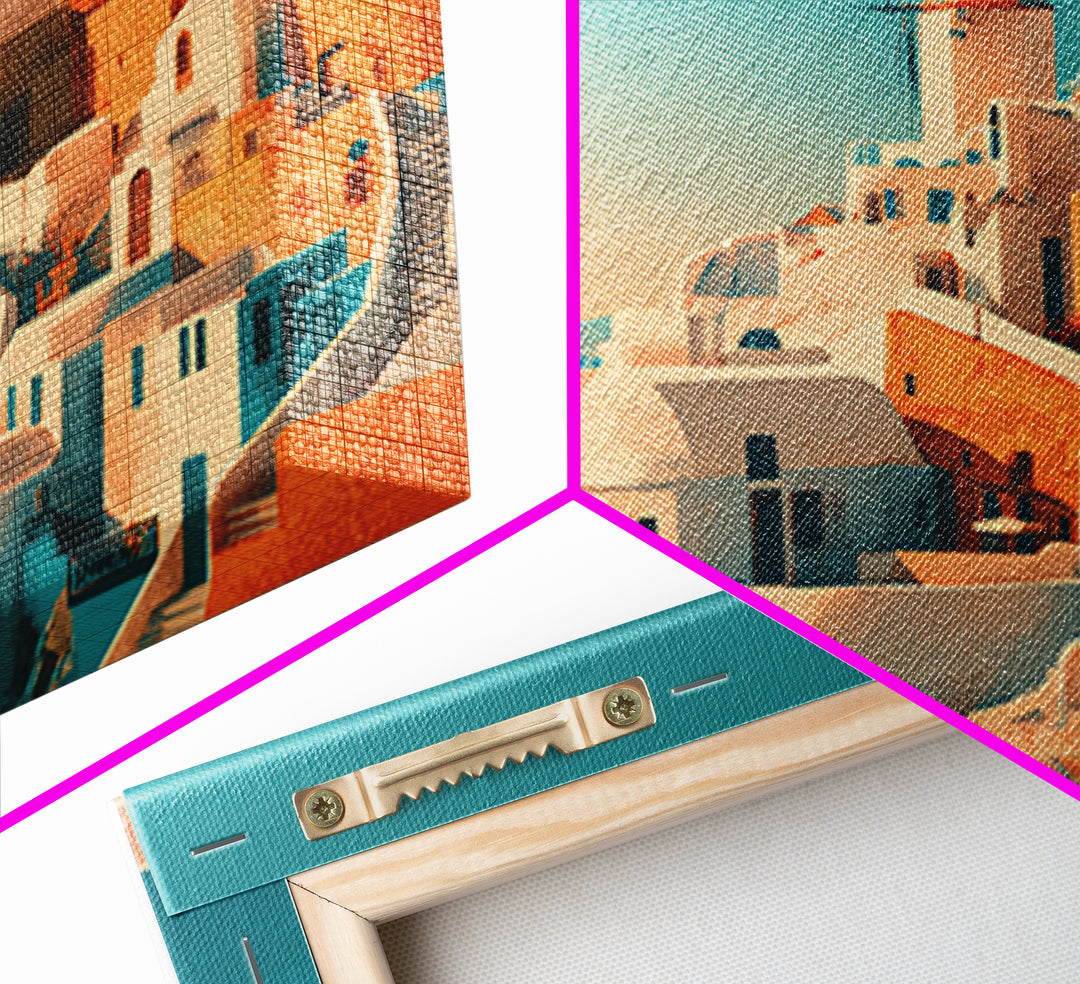Santorini White Buildings and Cobalt Water Framed Canvas Print, Travel Poster(2), Retro Wall Art, Living Room Decor, Voyage, TPO-3x2-8