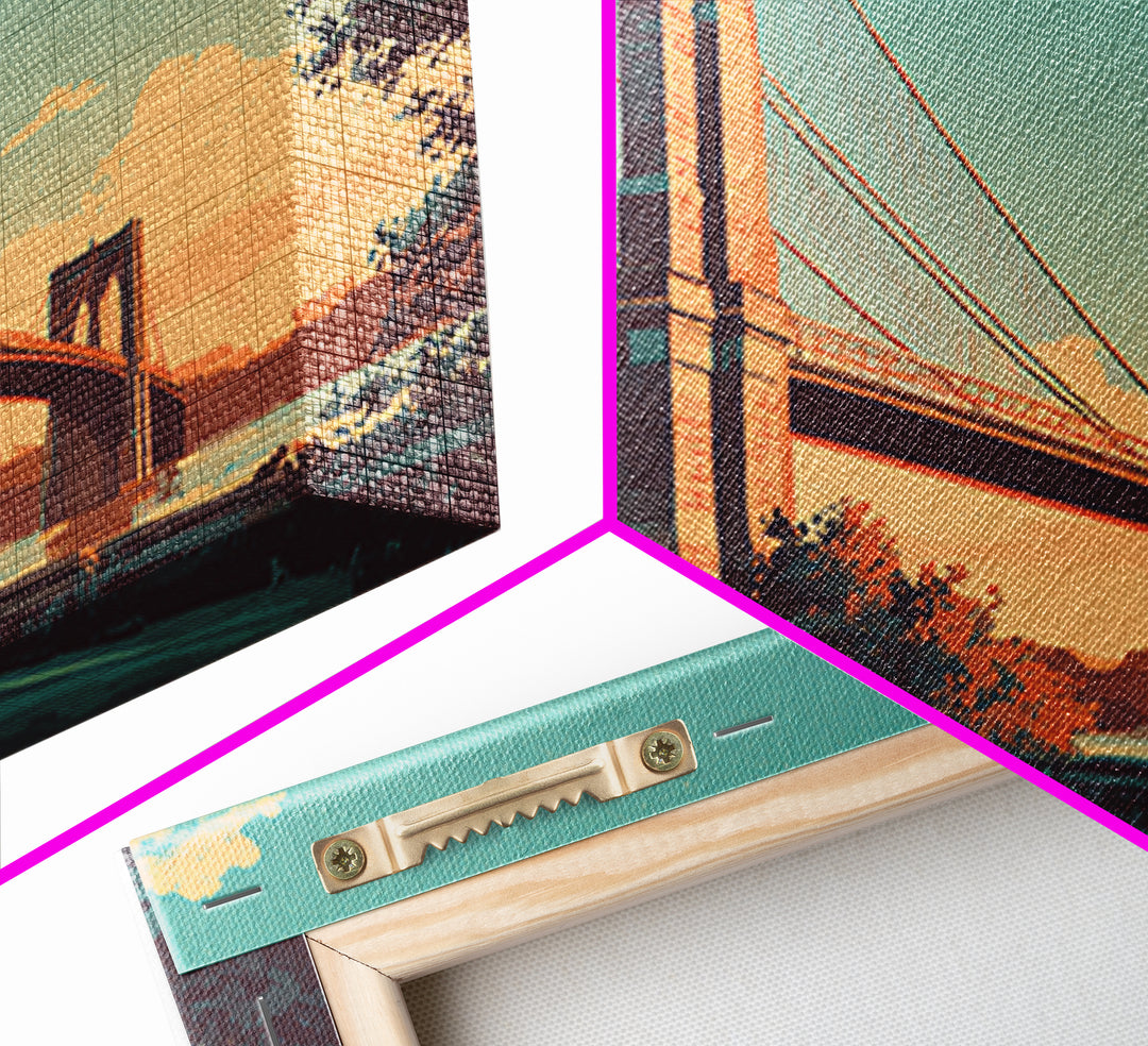 New York Bridge at Sunrise Framed Canvas Print, Travel Poster(2), Digital Download Art, Living Room Decor, Fine Art, Voyage, TPO-3x2-82