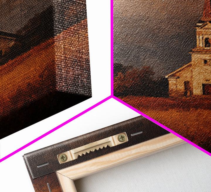 Church Steeple Across Rural Meadow Framed Canvas Print, Traditional Art, Boho Decor, Living Room Decor, Fine Art, Classic, TRA-1x1-37