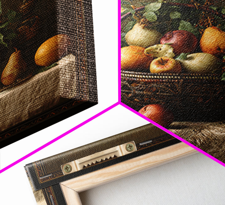Basket of Apples and Pears on Linen Framed Canvas Print, Traditional Art, Landscape, Living Room Decor, Fine Art, Classic, TRA-1x1-66