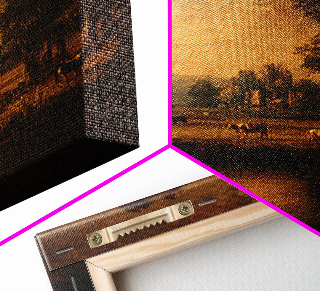 Pastoral Countryside with Cows in Field Framed Canvas Print, Traditional Art, Boho Decor, Living Room Decor, Oil Painting, TRA-1x1-79