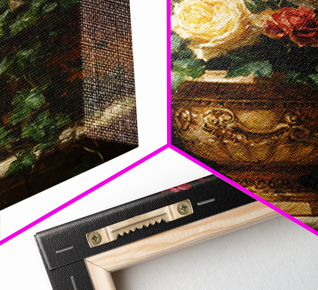 Garden Urn with Roses and Ivy Framed Canvas Print, Traditional Art, Decor, Living Room Decor, Fine Art, Classic, Japanese Art, TRA-1x1-96