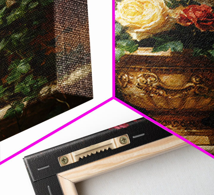 Garden Urn with Roses and Ivy Framed Canvas Print, Traditional Art, Decor, Living Room Decor, Fine Art, Classic, Japanese Art, TRA-1x1-96