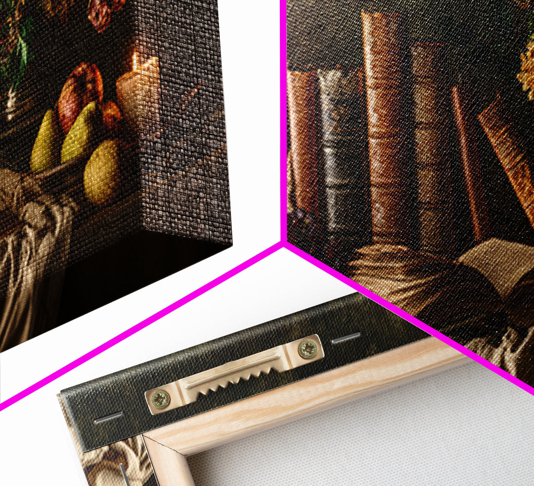 Still Life of Books Candle and Fruit Framed Canvas Print, Traditional Art, Fine Art Print, Living Room Decor, Fine Art, Classic, TRA-2x1-16