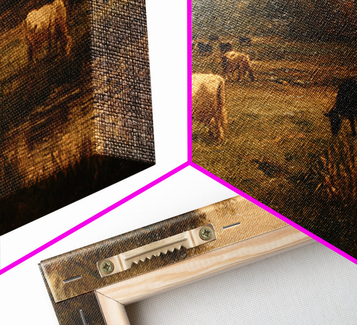 Pastoral Countryside with Cows in Field Framed Canvas Print, Traditional Art, Boho Decor, Living Room Decor, Oil Painting, TRA-2x1-27