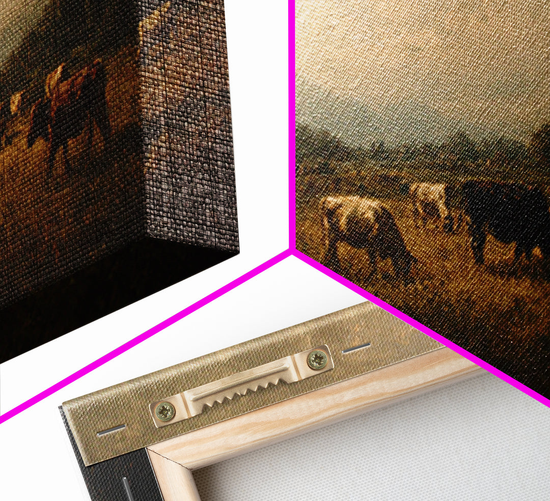 Pastoral Countryside with Cows in Field Framed Canvas Print, Traditional Art, Artwork, Living Room Decor, Fine Art, Classic, TRA-2x1-3
