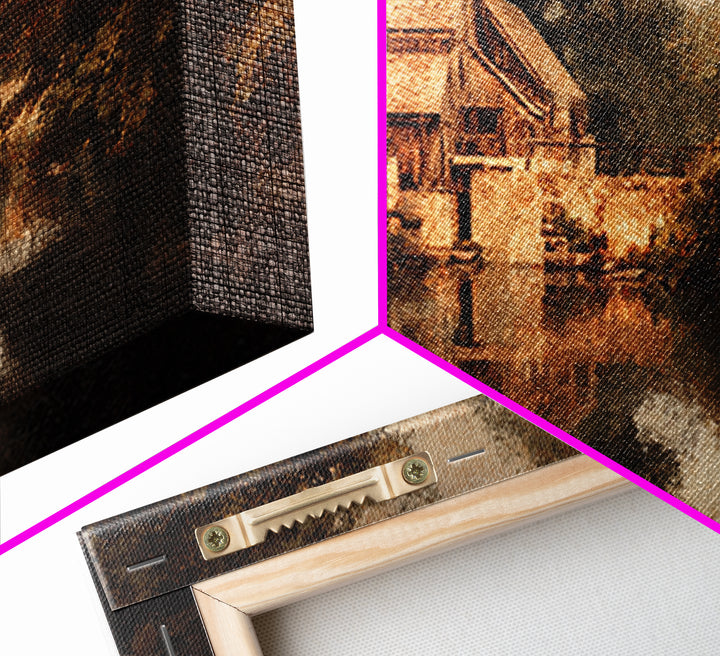 Watermill Beside a Quiet Stream Framed Canvas Print, Traditional Art, Painting, Living Room Decor, Fine Art, Classic, TRA-2x1-37