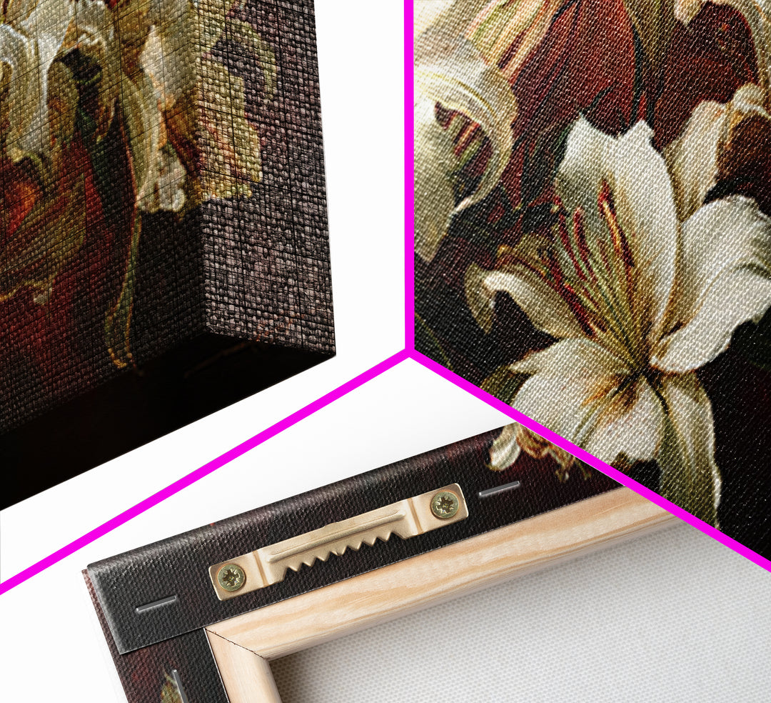 White Lilies on Dark Background Framed Canvas Print, Traditional Art, Indian Wall Art, Living Room Decor, Watercolor Art, TRA-2x1-59