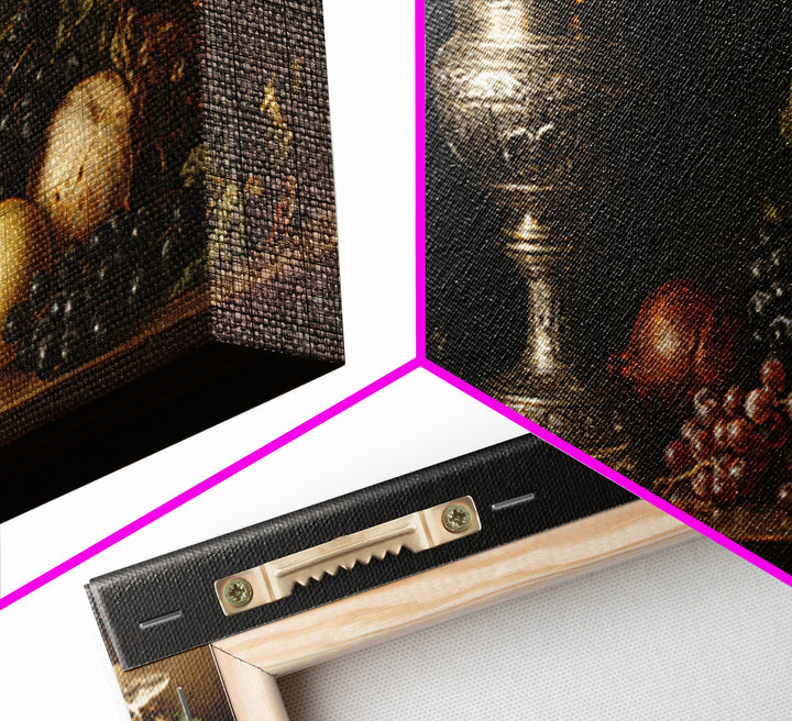 Dutch Fruit and Silver Goblet Still Life Framed Canvas Print, Traditional Art, Art Commission, Living Room Decor, Classic, TRA-2x1-72