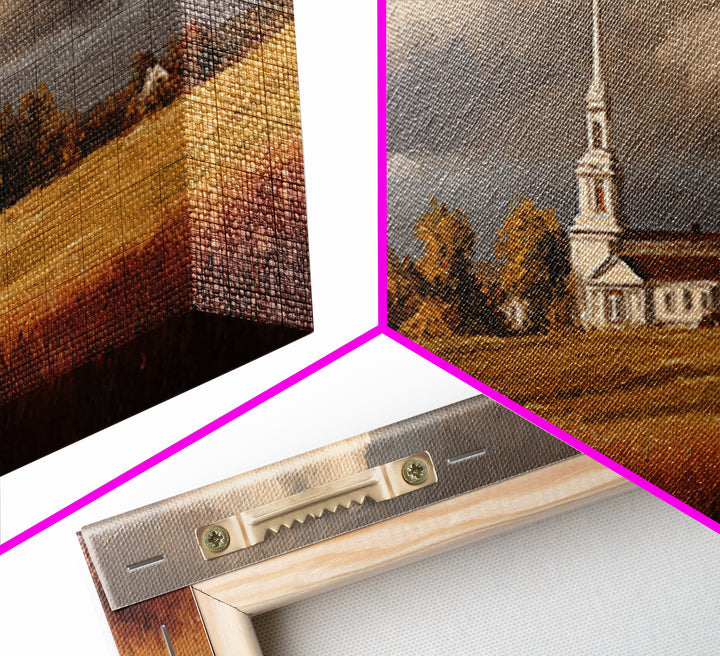 Church Steeple Across Rural Meadow Framed Canvas Print, Traditional Art, Printable Art, Living Room Decor, Watercolor Art, TRA-2x1-81