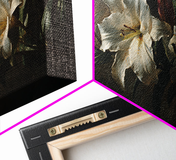 White Lilies on Dark Background Framed Canvas Print, Traditional Art, Art, Living Room Decor, Fine Art, Classic, Printable Art, TRA-2x1-83