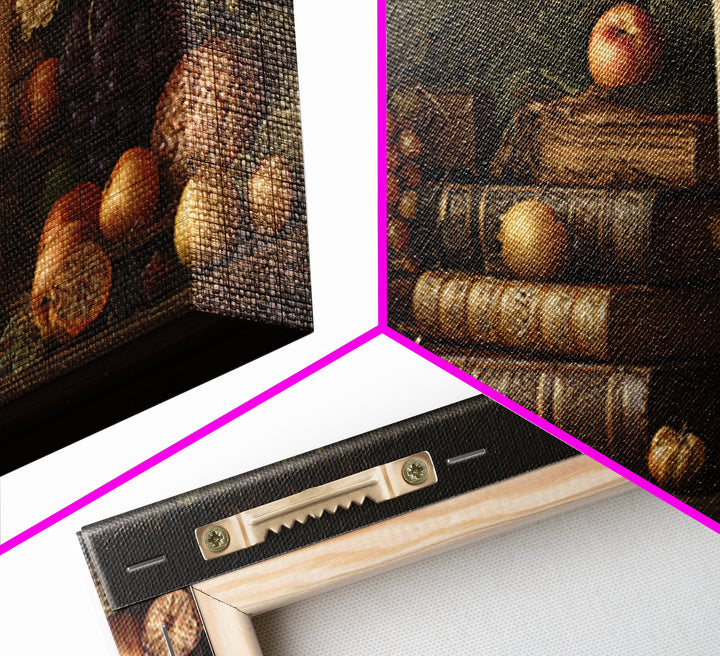 Still Life of Books Candle and Fruit Framed Canvas Print, Traditional Art, Original Art, Living Room Decor, Fine Art, Classic, TRA-2x1-88