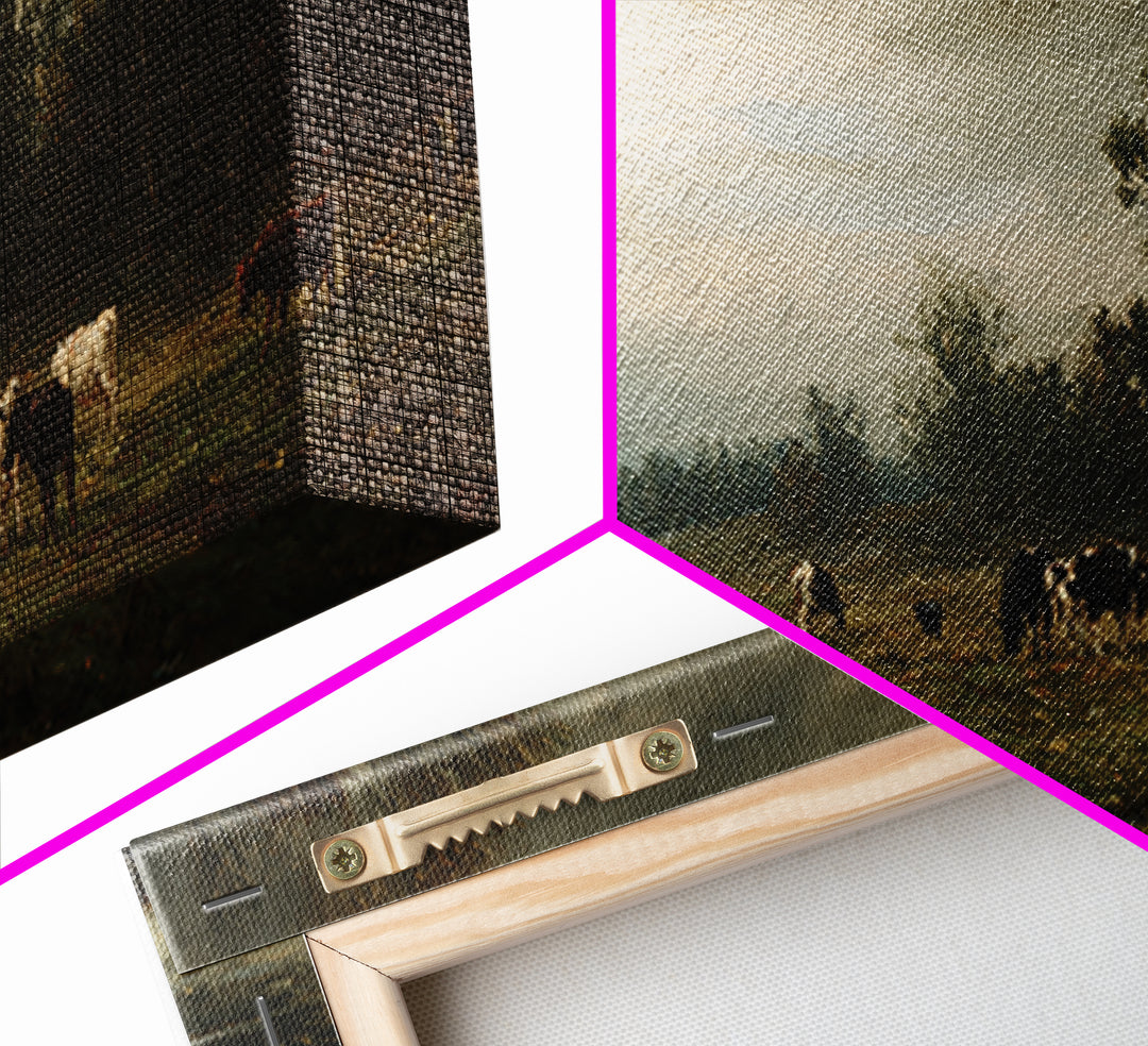 Pastoral Countryside with Cows in Field Framed Canvas Print, Traditional Art, Japanese Art, Living Room Decor, Classic, TRA-2x1-99