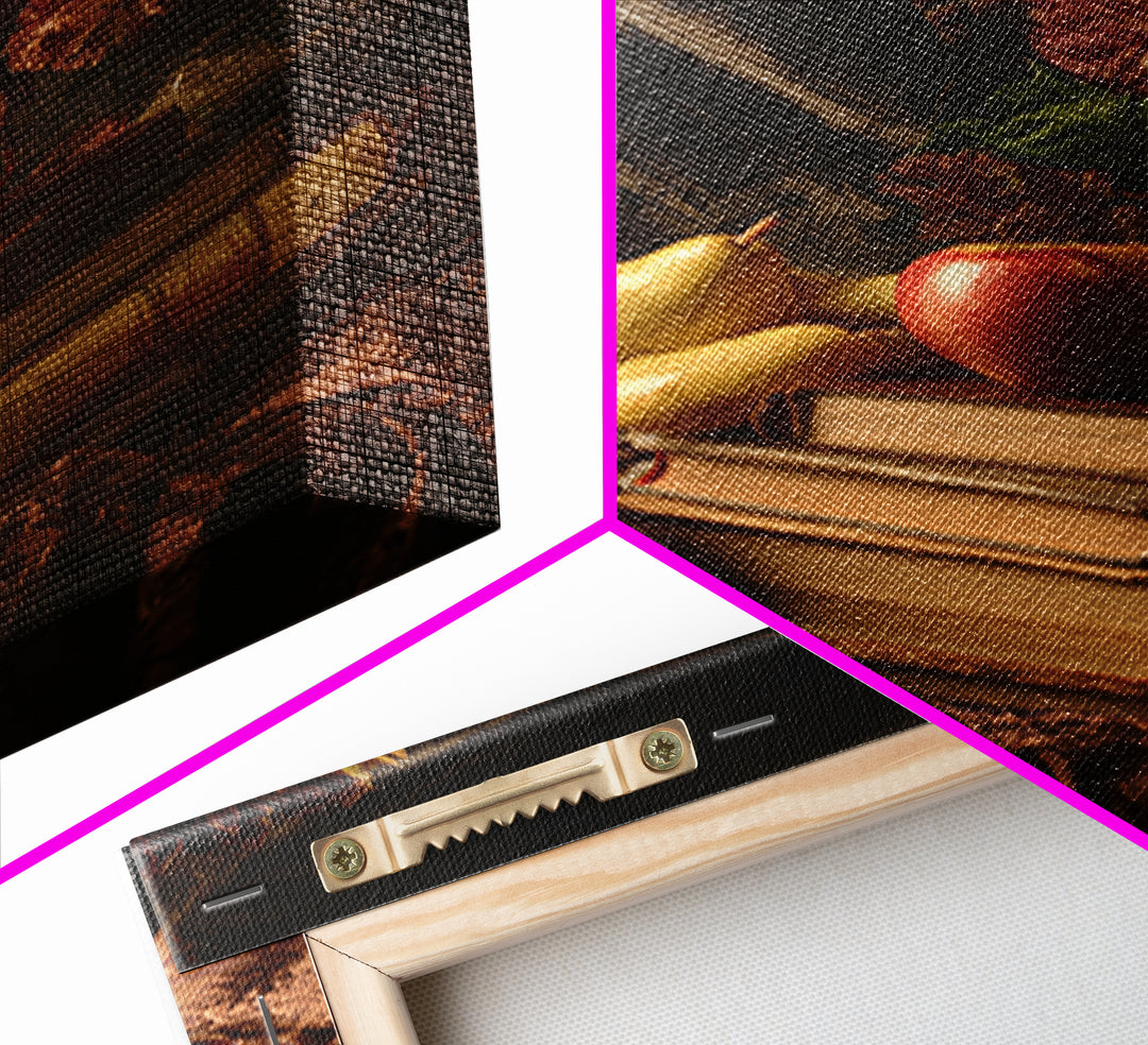 Still Life of Books Candle and Fruit Framed Canvas Print, Traditional Art, Painting, Living Room Decor, Fine Art, Classic, TRA-2x3-100