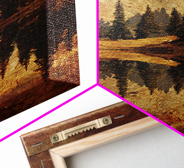 Mountain Lake with Pine Forest Reflection Framed Canvas Print, Traditional Art, Wall Hanging, Living Room Decor, Classic, TRA-2x3-17