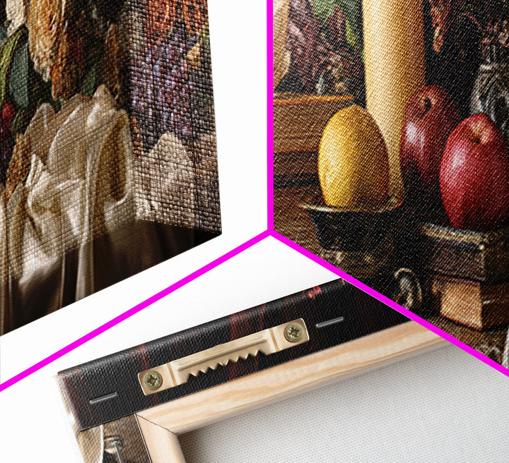 Still Life of Books Candle and Fruit Framed Canvas Print, Traditional Art, Indian Decor, Living Room Decor, Fine Art, Classic, TRA-3x1-12