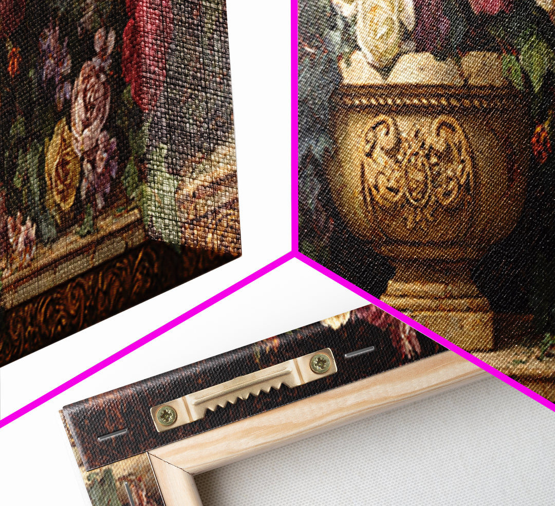 Garden Urn with Roses and Ivy Canvas Print, Traditional Art, Neutral Decor, Living Room Decor, Oil Painting, Classic, TRA-3x1-40