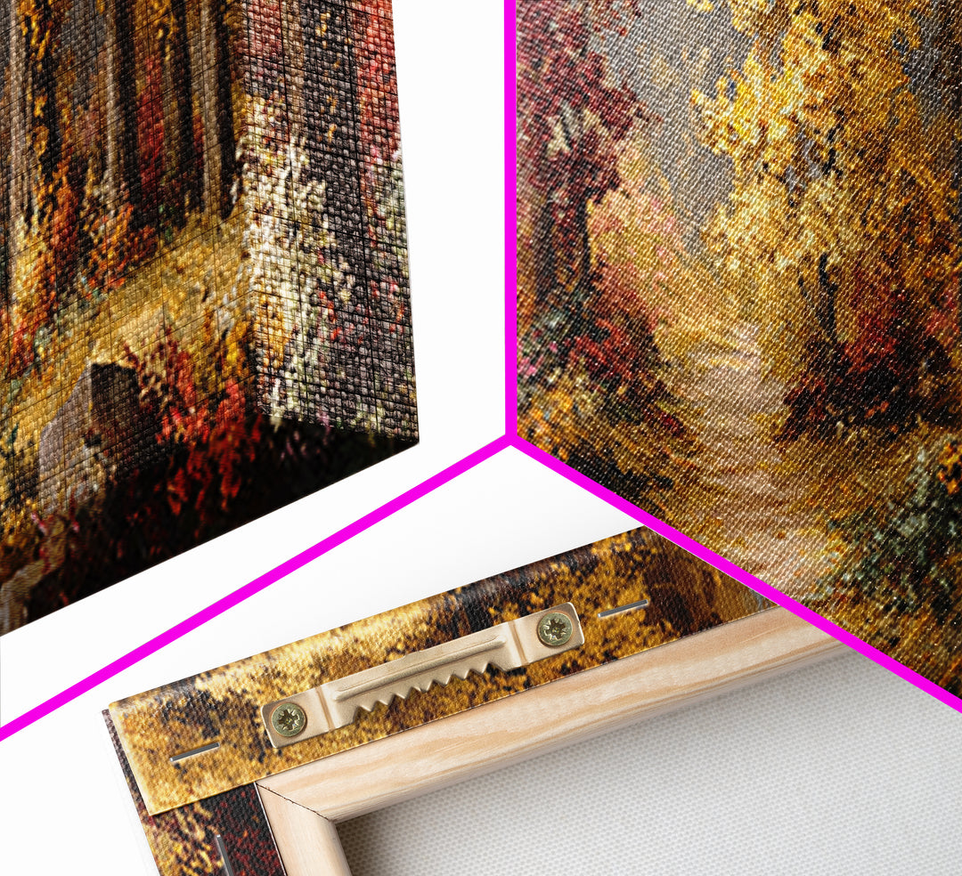 Autumn Forest Road Framed Canvas Print, Traditional Art, Minimalist Decor, Living Room Decor, Oil Painting, Classic, Boho, TRA-3x1-56
