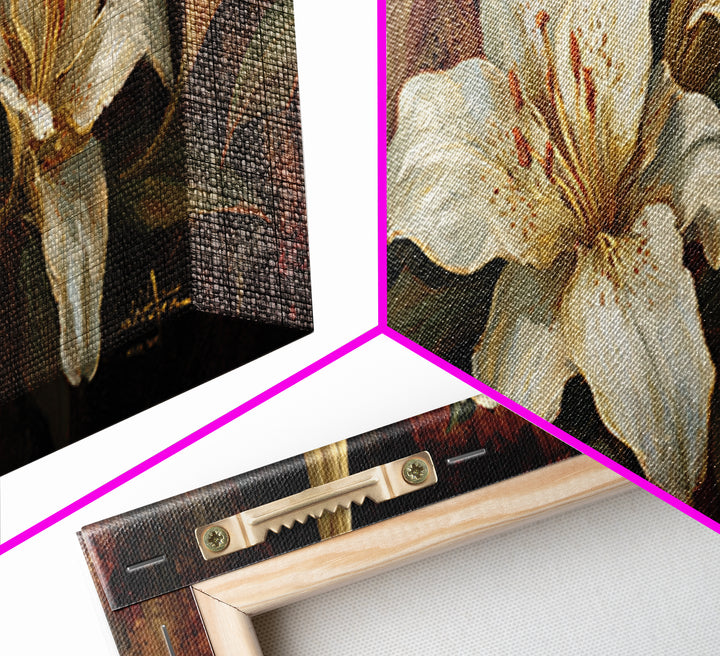 White Lilies on Dark Background Framed Canvas Print, Traditional Art, Statement Artwork, Living Room Decor, Fine Art, Classic, TRA-3x1-7