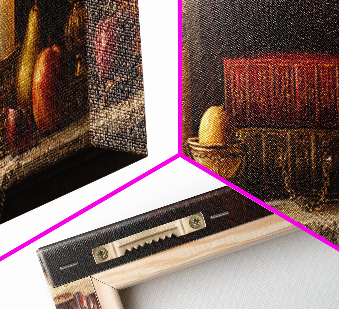 Still Life of Books Candle and Fruit Framed Canvas Print, Traditional Art, Painting, Living Room Decor, Fine Art, Classic, TRA-3x1-84