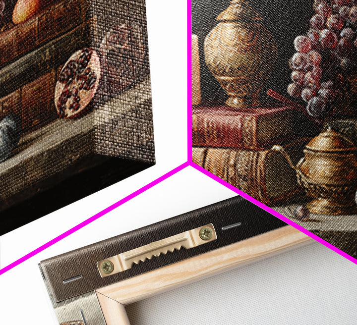 Still Life of Books Candle and Fruit Framed Canvas Print, Traditional Art, Indian Decor, Living Room Decor, Fine Art, Classic, TRA-3x2-24