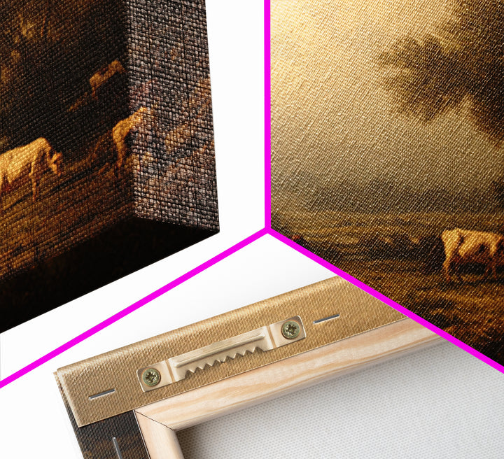 Pastoral Countryside with Cows in Field Framed Canvas Print, Traditional Art, Living Room Decor, Oil Painting, Classic, TRA-3x2-59